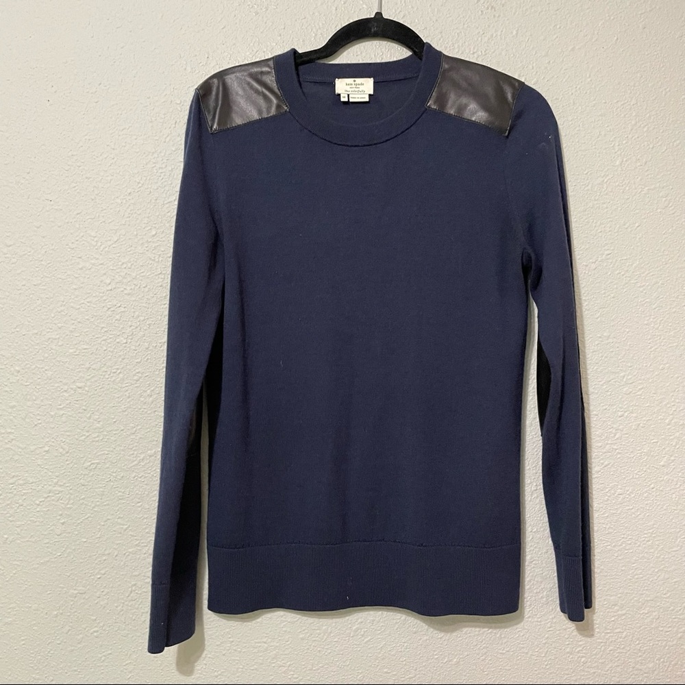 Kate Spade Blue Long Sleeve Wool & Sheep Skin Leather Patches Sweater M